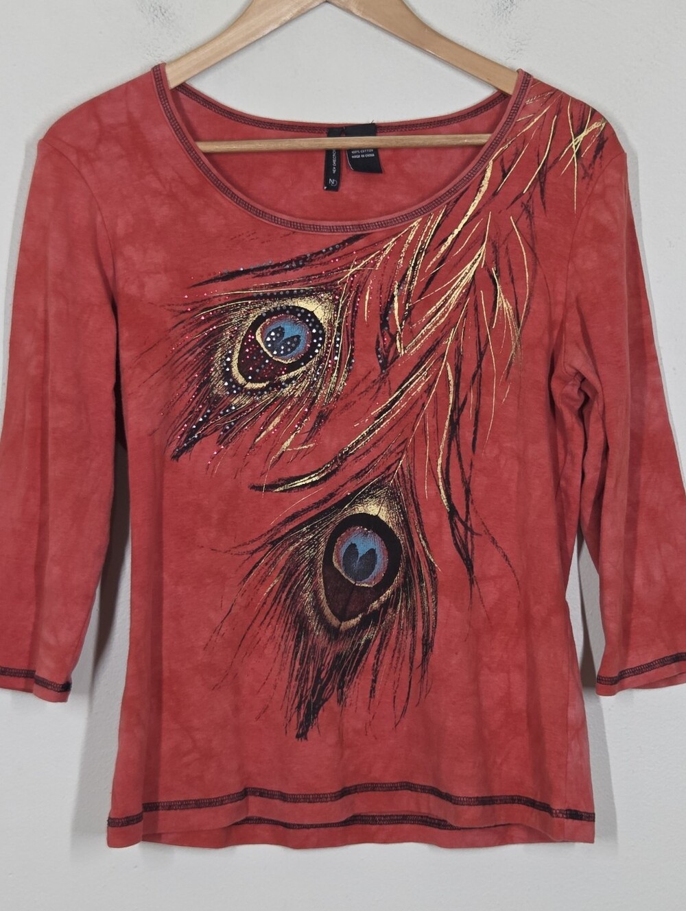 Vtg Y2K Red Tie Dye Peacock Feather Rhinestone Top M Grunge Fairy Artsy 3/4 Slv